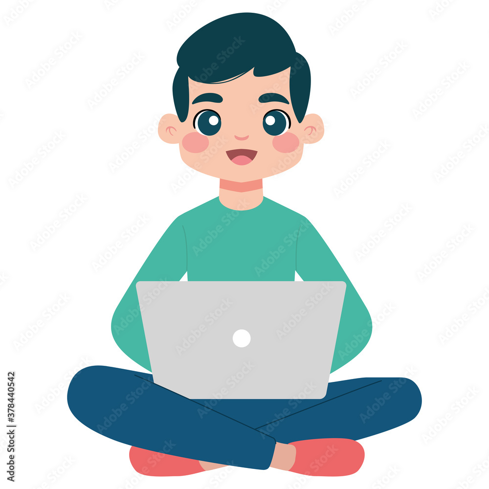 Isolated boy cartoon with a laptop - Vector