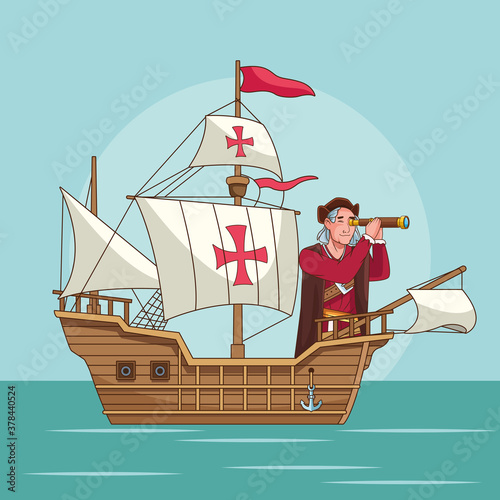 Columbus day celebration of christopher using telescope in caravel scene