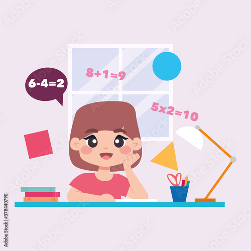 Girl studying in home. Home education - Vector