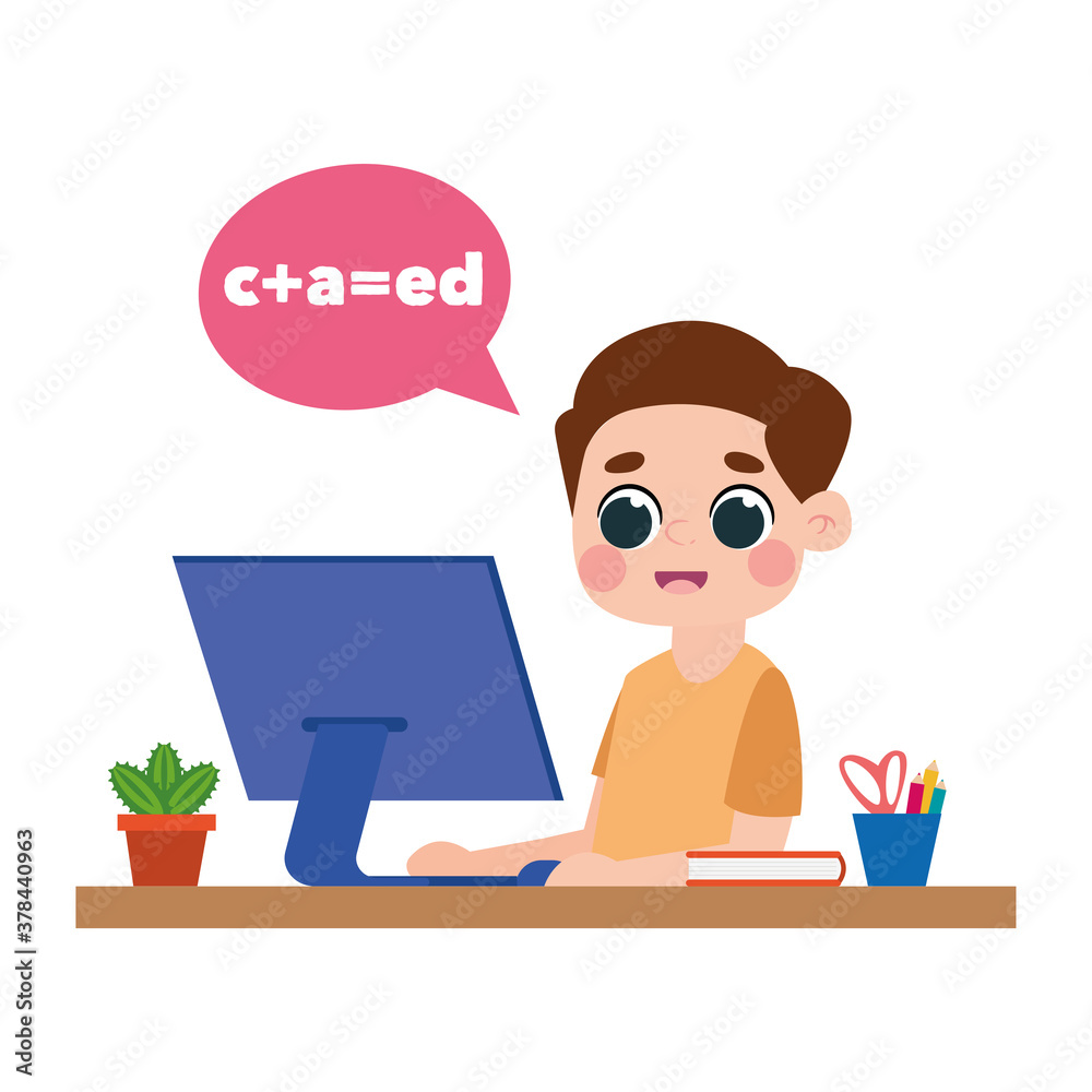 Boy studying in home. Home education - Vector