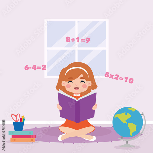 Girl studying in home. Home education - Vector