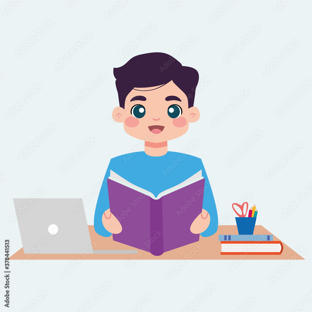 Boy studying in home. Home education - Vector