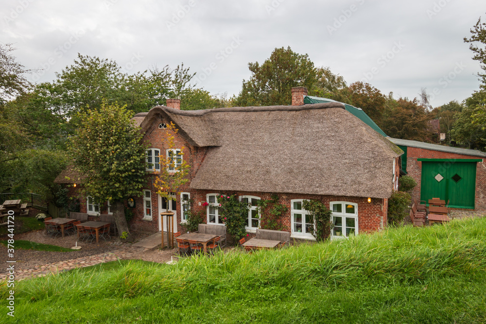 Fototapeta premium Old house with thatched roof in northern Germany.