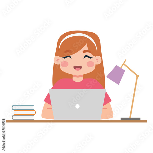 Girl studying in home. Home education - Vector