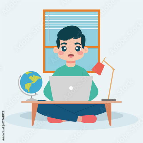 Boy studying in home. Home education - Vector