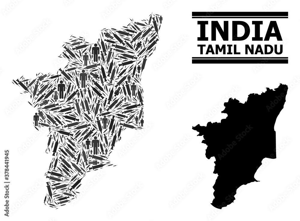 Covid-2019 Treatment mosaic and solid map of Tamil Nadu State. Vector map of Tamil Nadu State is created of vaccine symbols and men figures. Abstraction designed for medical posters.