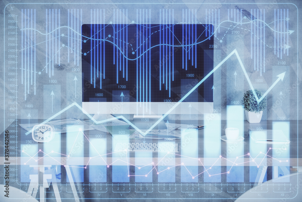 Multi exposure of financial graph drawing and office interior background. Concept of market analysis. Multi exposure of financial graph drawing and office interior background. Concept of market analysis.