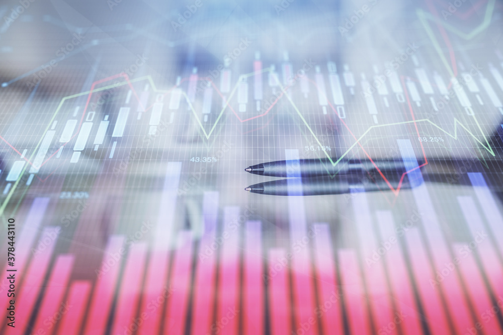 Double exposure of forex chart over coffee cup background in office. Concept of financial analysis and success. Double exposure of forex chart over coffee cup background in office. Concept of financial analysis and success.
