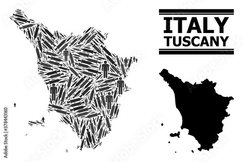 Covid-2019 Treatment mosaic and solid map of Tuscany region. Vector map of Tuscany region is organized of syringes and people figures. Collage designed for lockdown posters.