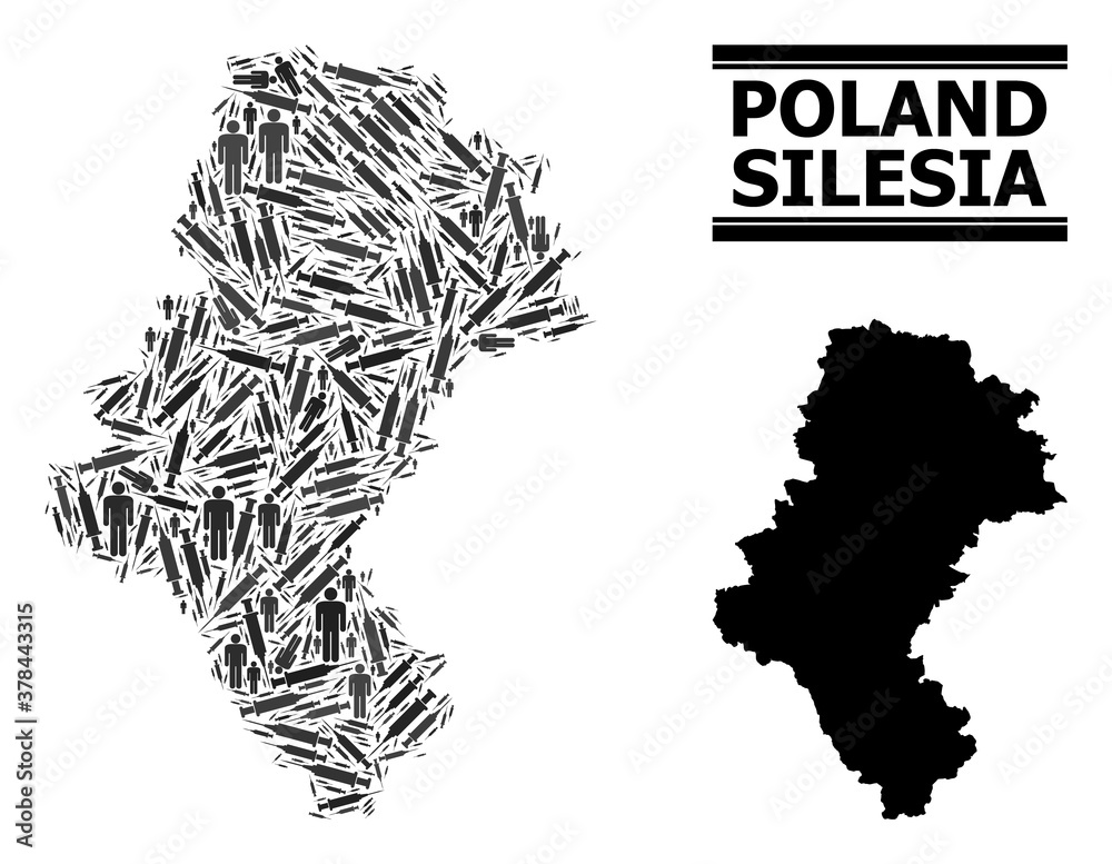 Covid-2019 Treatment mosaic and solid map of Silesia Province. Vector map of Silesia Province is created of inoculation icons and human figures. Template for lockdown templates.