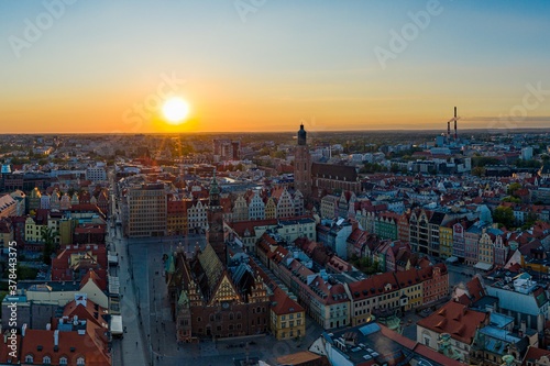 Wroclaw aerial drone photo of old town and city main square at sunset