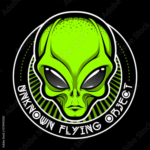 Alien face tee stump, humanoid martian head print, futuristic space invader, paranormal fantasy cartoon emblem vector illustration 