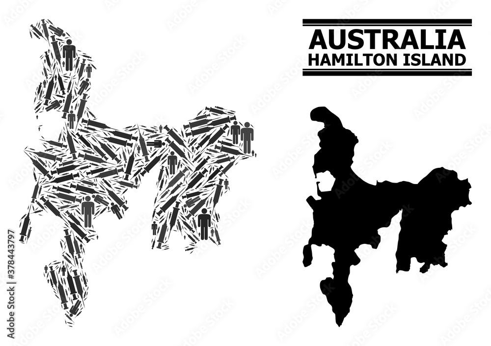 Vaccine mosaic and solid map of Hamilton Island. Vector map of Hamilton Island is organized of vaccine doses and men figures. Template is useful for pandemic purposes.
