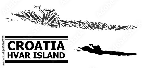 Vaccine mosaic and solid map of Hvar Island. Vector map of Hvar Island is created with inoculation icons and men figures. Collage is useful for treatment purposes. Final solution over coronavirus.