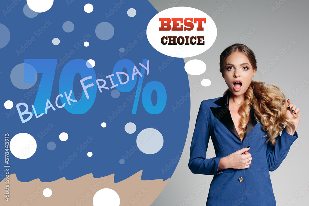 Office strict style. Blonde girl with beautifully wavy hair in a blue, stylish office jacket. A woman has screaming emotions. He screams and looks at the camera. Isolate on a gray background Office strict style. Blonde girl with beautifully wavy hair in a blue, stylish office jacket. A woman has screaming emotions. He screams and looks at the camera. Isolate on a gray background