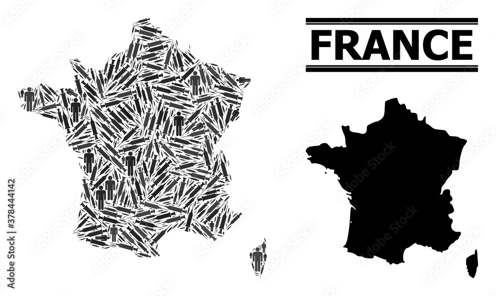 Covid-2019 Treatment mosaic and solid map of France. Vector map of France is made with vaccine doses and human figures. Illustration is useful for pandemic posters. Final solution over Covid-2019.