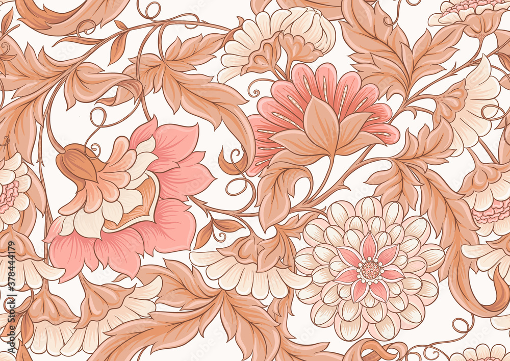Fantasy flowers and birds in retro, vintage folk style seamless pattern in soft terracotta colors. Vector illustration.