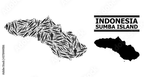Covid-2019 Treatment mosaic and solid map of Sumba Island. Vector map of Sumba Island is organized of syringes and men figures. Abstraction is useful for outbreak templates. Final win over Covid-2019.