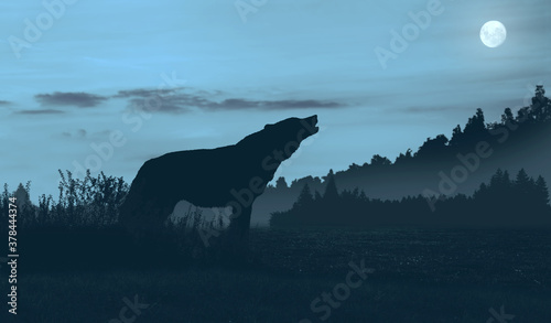 wolf in the woods howling in the moonlight