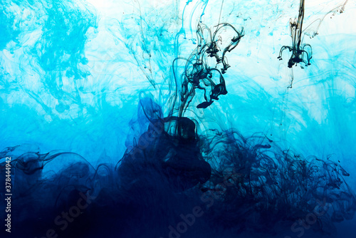 Closeup of a blue and black ink in water in motion isolated on white. Ink swirling underwater. Colored abstract smoke explosion effect. Abstract background with copy space..