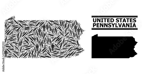 Virus therapy mosaic and solid map of Pennsylvania State. Vector map of Pennsylvania State is shaped from vaccine doses and people figures. Illustration designed for outbreak templates.