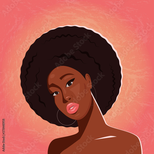 Beautiful African American ethnicity woman with Afro hair style is looking at you. Cute art work of a character. Vector illustration.