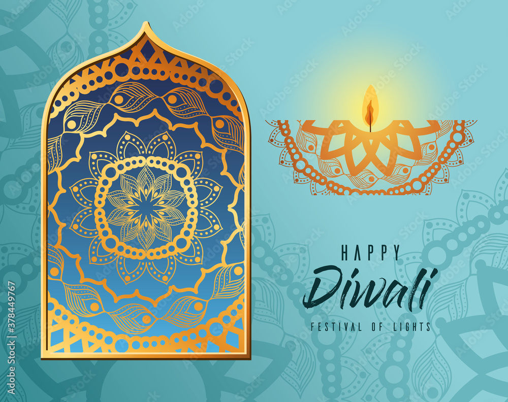 Happy diwali mandala in frame and candle on blue background vector design Happy diwali mandala in frame and candle on blue background vector design
