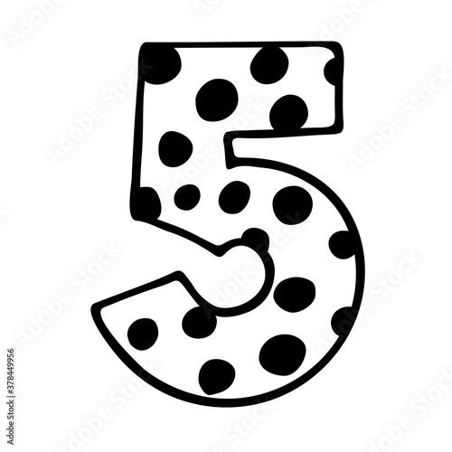 Cute number 5. Hand drown vector five with polka dot. Design for 5 years baby, baby party decor, logo, sticker, greeting card, shirt print. Happy birthday anniversary celebration Template.