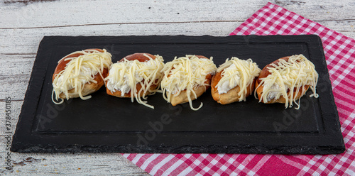 Traditional Turkish pastry pogaca with cheese filling with dill. Turkish name: Sakalli, sacakli, corek - pogaca. photo