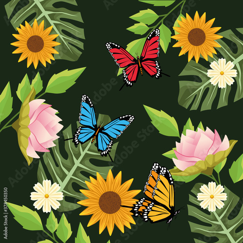 floral background with butterflies and flowers scene in green background © Jemastock