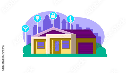 horizontal vector illustration of a smart home system for tablet with an application for management, climate control, security management, lighting and wifi, on the background of silhouette of city