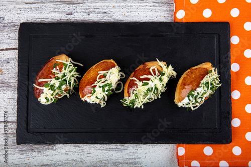 Traditional Turkish pastry pogaca with cheese filling with dill. Turkish name: Sakalli, sacakli, corek - pogaca. photo