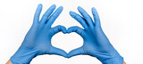 Hands of a doctor or nurse in medical gloves depict a heart on a white background, caring doctor and medicine concept