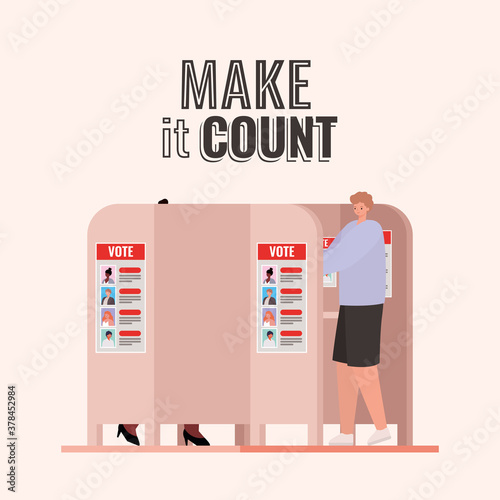 man at voting booth with make it count text vector design