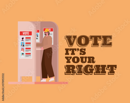 woman at voting booth with vote its your right text vector design