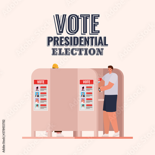 man at voting booth with vote presidential election text vector design