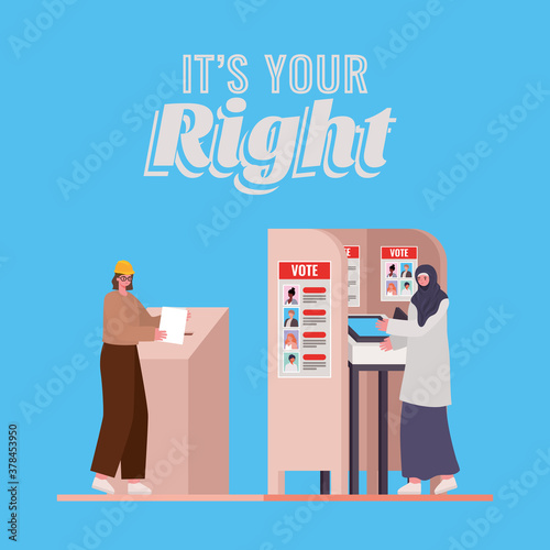 women with voting box and booth with its your right text vector design