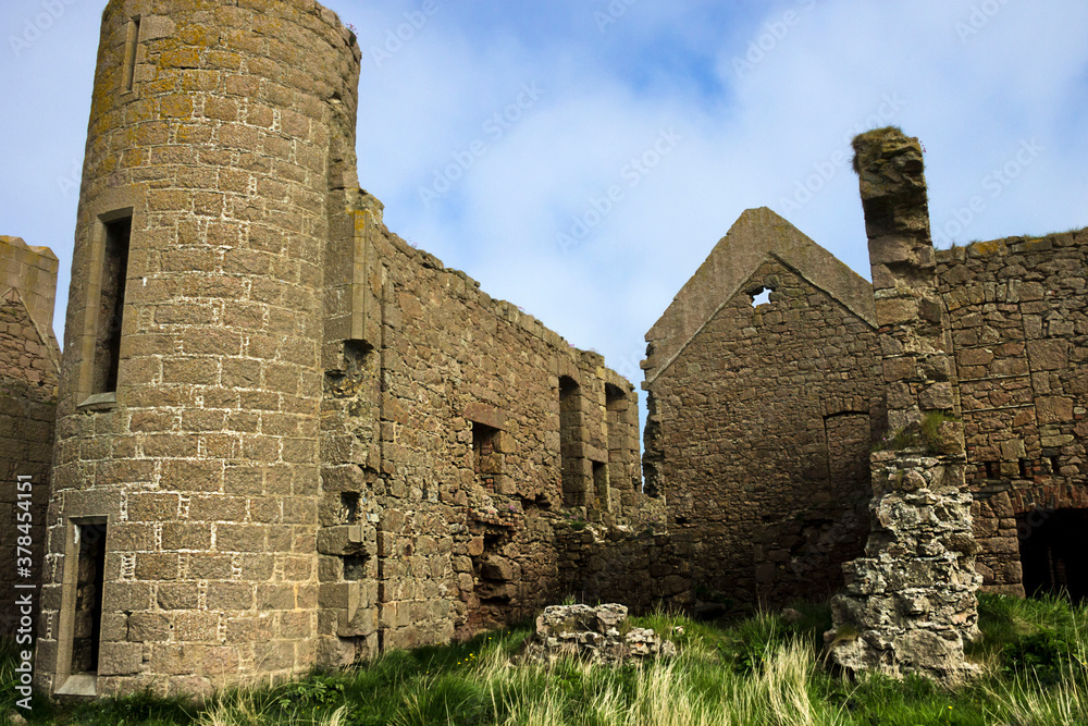Detail of Slains Castle in Cruden Bay, Aberdeenshire, Scotland, UK