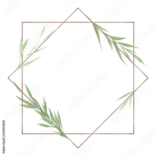 Greenery frame, green leaves and branches, watercolor design elements, hand drawn illustration