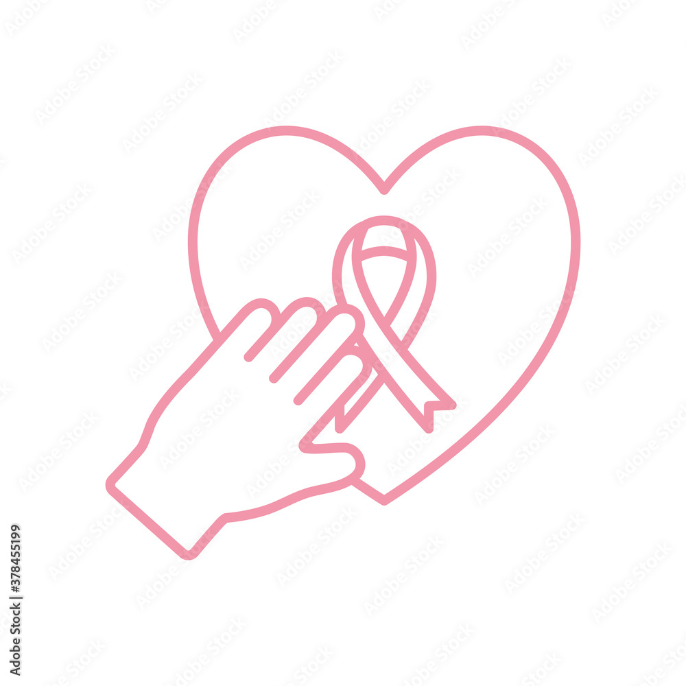 breast cancer ribbon in heart with hand line style icon vector design breast cancer ribbon in heart with hand line style icon vector design