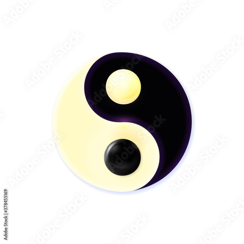 Modern contrast cosmic concept Yin and Yang mandala. In a basis illuminated colorful art swirl balls isolated on white background. Ornamental spiritual relaxation. Luxury vector illustration.
