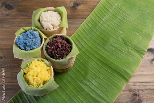 sticky rice on wood table background 