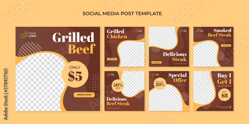 Grilled beef social media post template. Food square banner for restaurant and cafe