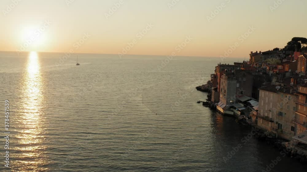 Aerial view of sunset in Rovinj town, Croatia Aerial view of sunset in Rovinj town, Croatia