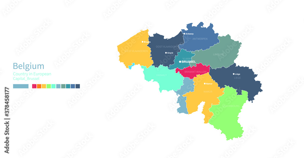 Belgium map. Colorful detailed vector map of the Europe country.