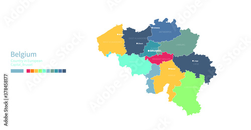 Belgium map. Colorful detailed vector map of the Europe country.