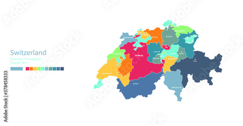Switzerland map. Colorful detailed vector map of the Europe country.