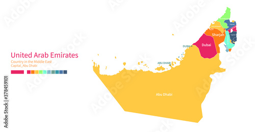 UAE map. Colorful detailed vector map of the Arab, Middle East country. photo