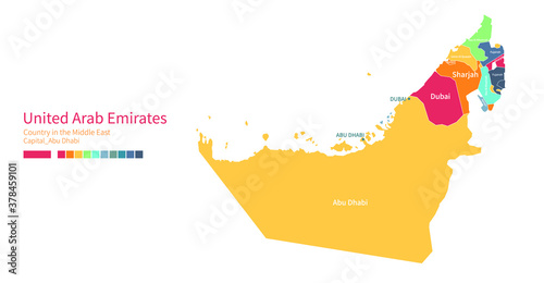 UAE map. Colorful detailed vector map of the Arab, Middle East country.