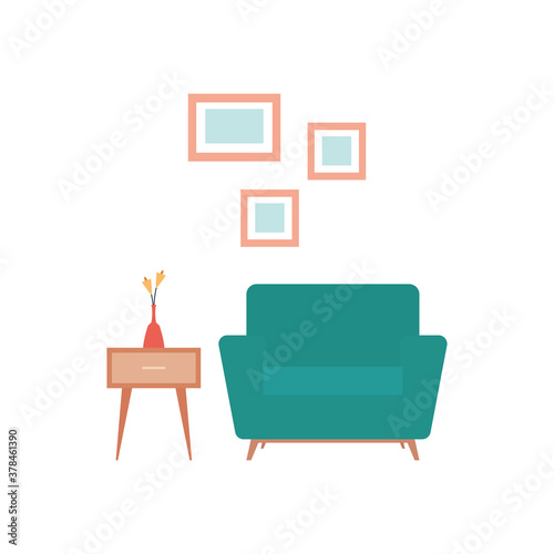 Room decoration objects. Paintings, table and armchair - Vector